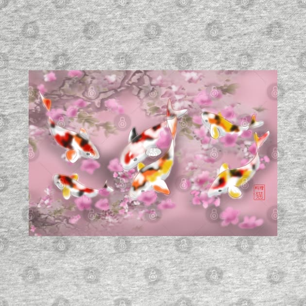 Koi carp with sakura reflections in a pink pond by cuisinecat